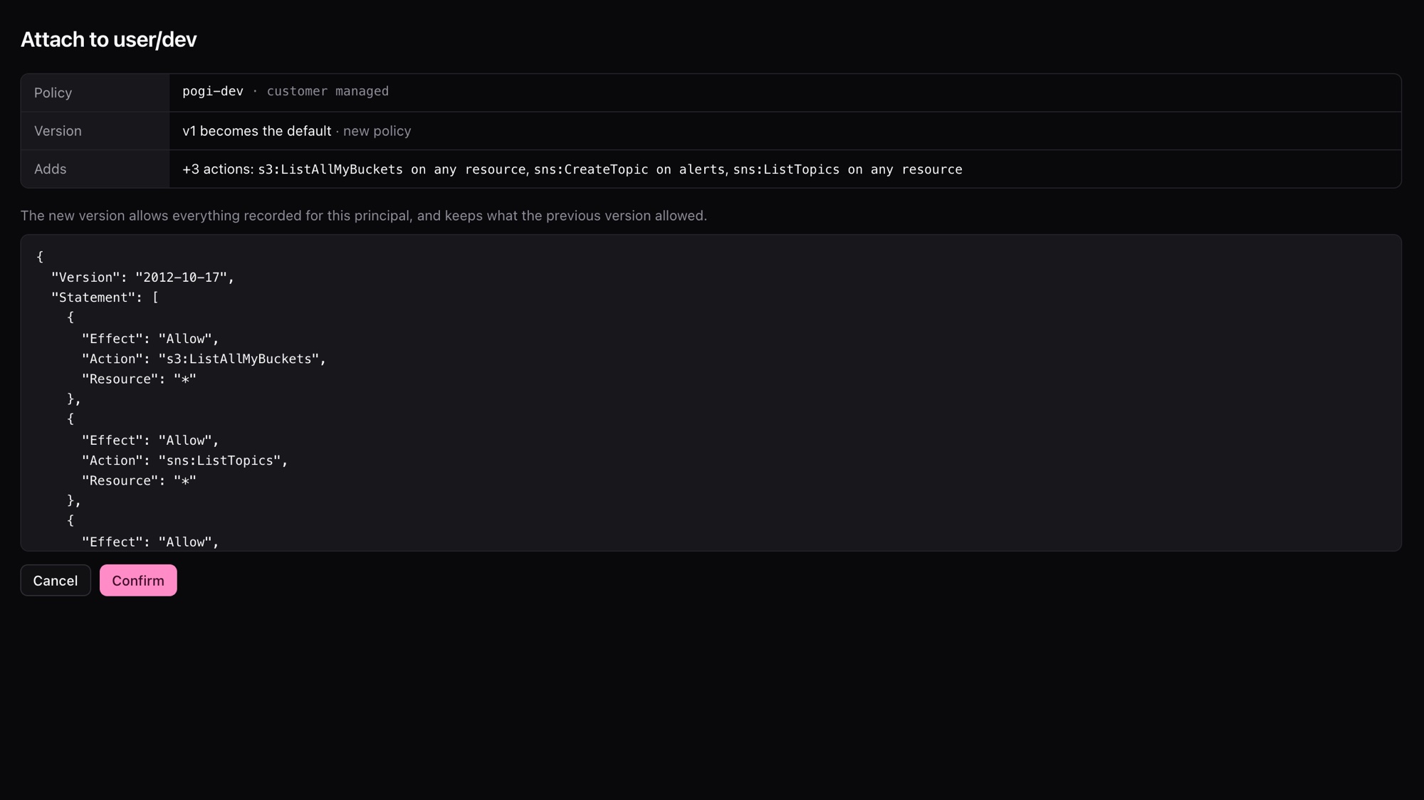 The attach step: the policy name, the new version and the three actions it adds.